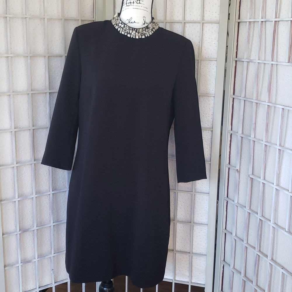 H & M 3/4 sleeves black tunic dress with rhinestone neck